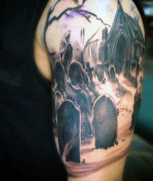 realistic-tombstone-graveyard-mens-upper-arm-tattoo-design-ideas-shaded