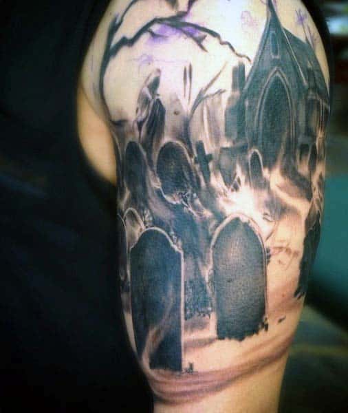 Realistic Skull With Graveyard Tattoo On Forearm