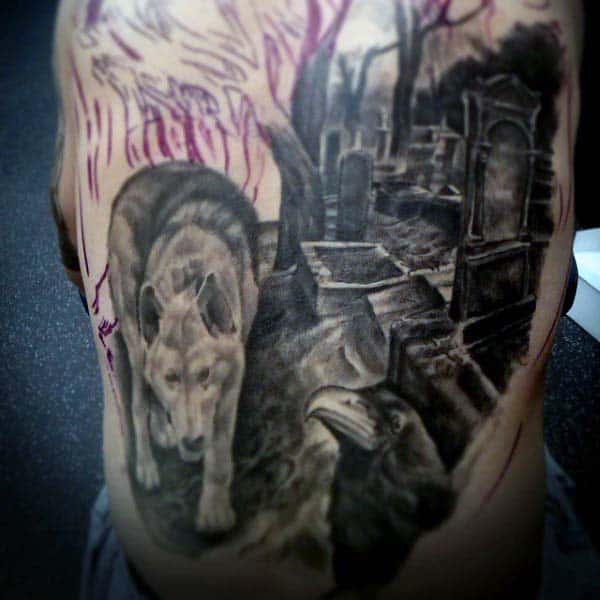 Graveyard Tattoo On Left Half Sleeve