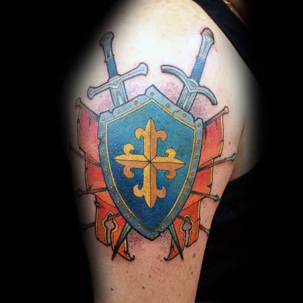 shield-swords-and-flags-mens-arm-tattoo