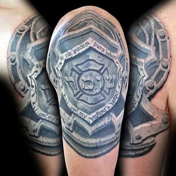 stone-3d-shield-arm-tattoo-for-guys