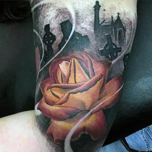 tombstones-sleeve-tattoo-for-men-with-color-rose-flower