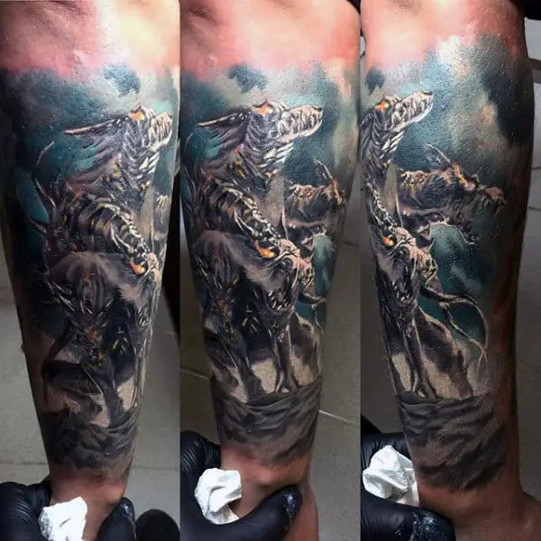 awesome-cerberus-watercolor-mens-forearm-sleeve-tattoos
