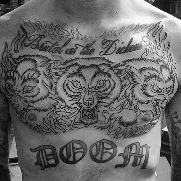 black-ink-old-school-outline-guys-cerberus-upper-chest-tattoos