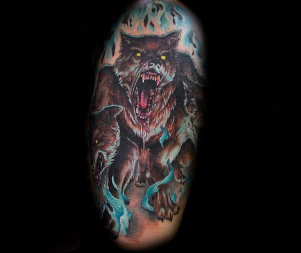 blue-flames-hound-of-hades-cerberus-guys-masculine-tattoo-ideas