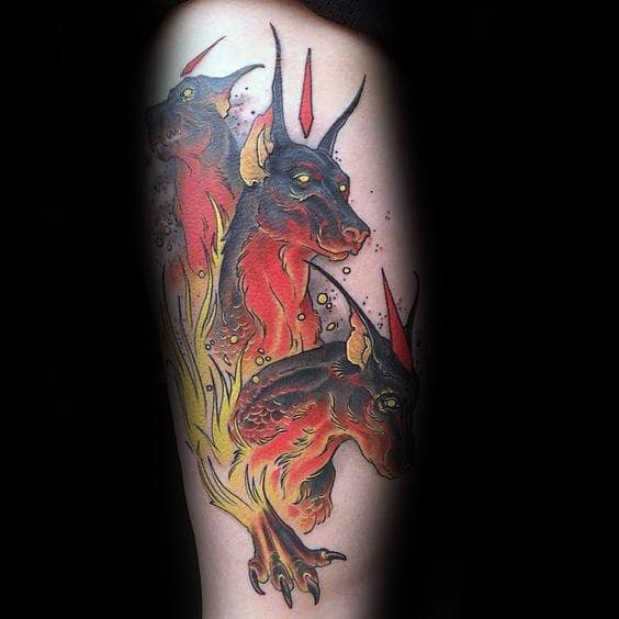 cerberus-flaming-male-arm-tattoo-ideas