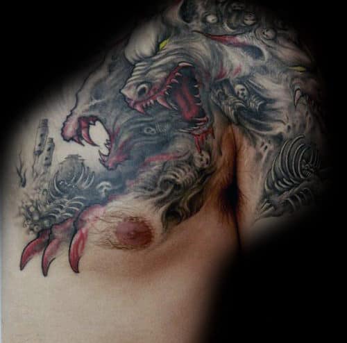 cerberus-with-claws-mens-shoulder-and-chest-tattoo