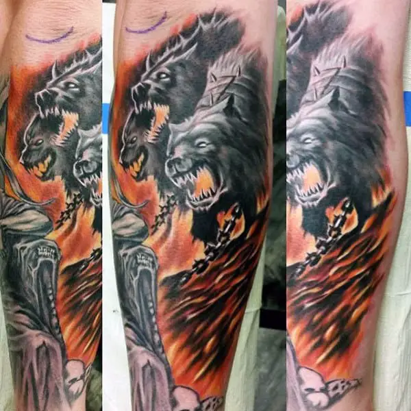 chained-cerberus-mens-forearm-tattoo-designs