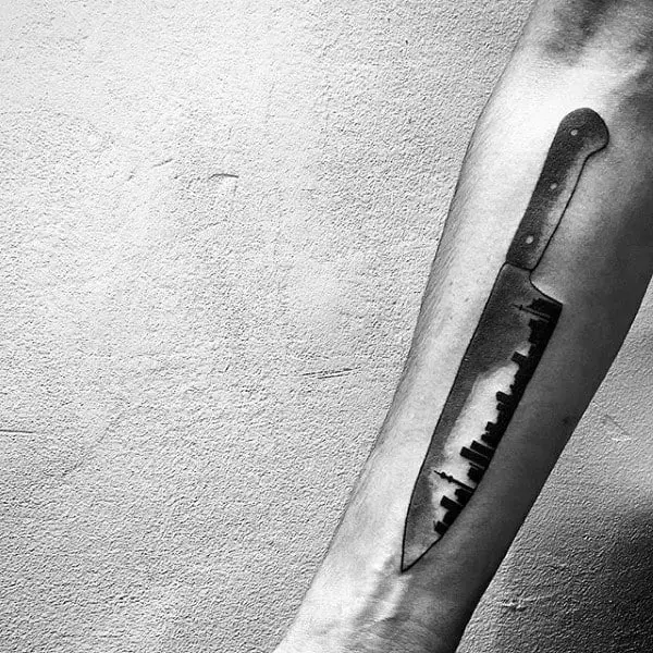 cool-mens-city-skyline-chef-knife-inner-forearm-tattoo-designs