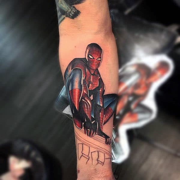 crouching-spiderman-tattoo-male-forearms