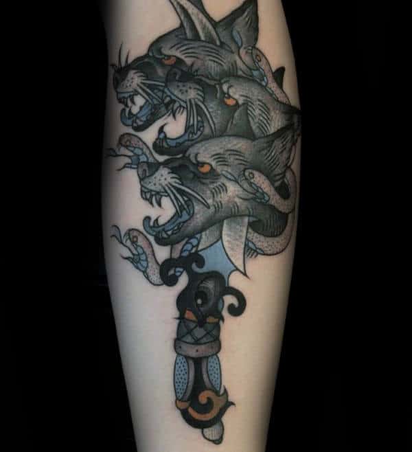 dagger-with-cerberus-mens-forearm-tattoos