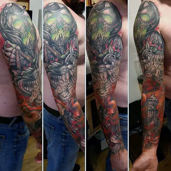 full-sleeve-guys-cerberus-themed-tattoo-designs