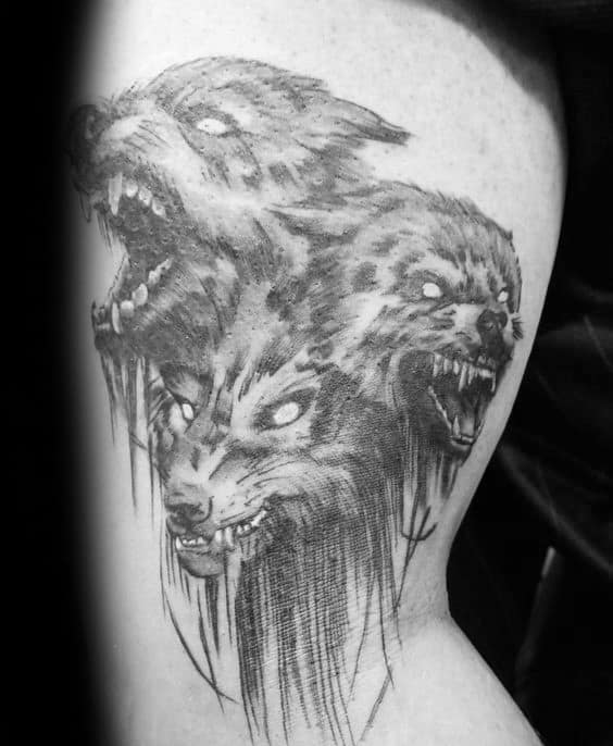 greek-cerberus-guys-shaded-black-and-grey-ink-upper-arm-tattoos