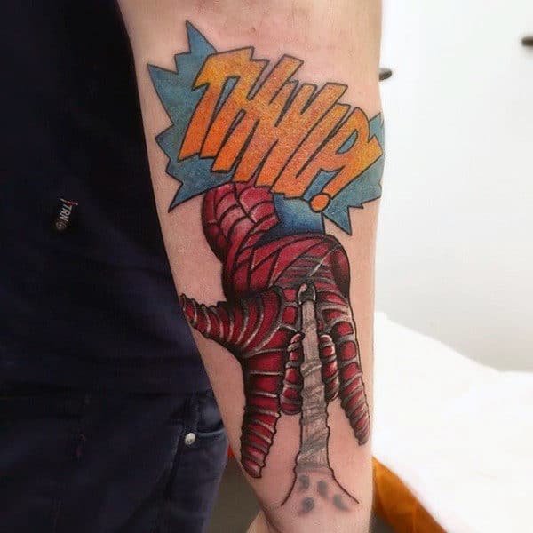 Left Ripped Skin Spiderman Tattoo On Left Sleeve