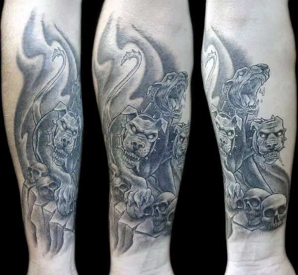 inner-forearm-shaded-cerberus-with-skulls-mens-tattoo-designs
