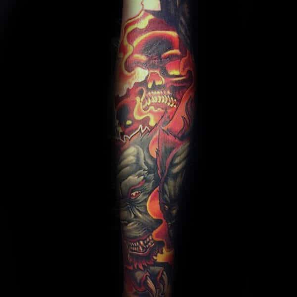 mens-flaming-skull-cerberus-forearm-sleeve-tattoo-ideas