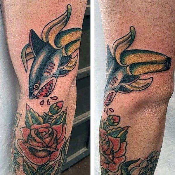 retro-traditonal-shark-banana-male-tattoo-ideas-on-outer-arm