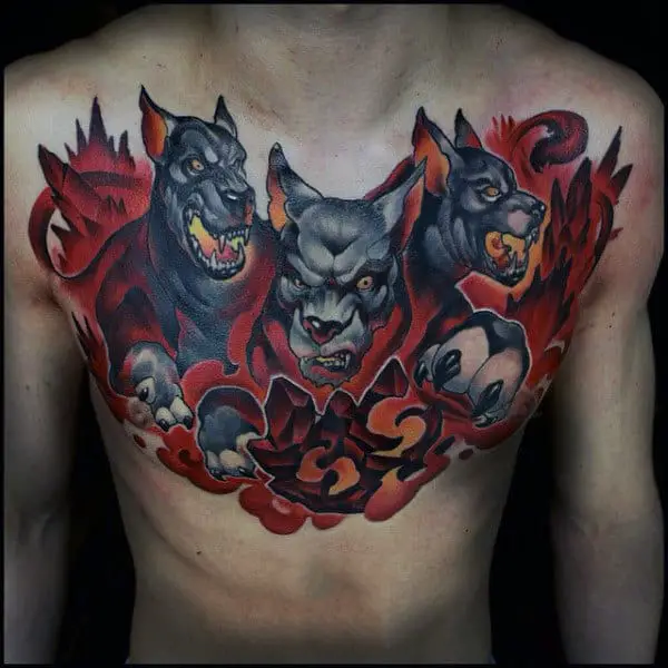 three-headed-dog-cerberus-mens-upper-chest-flaming-tattoos