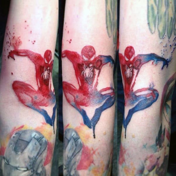 watercolor-spiderman-tattoo-male-forearms