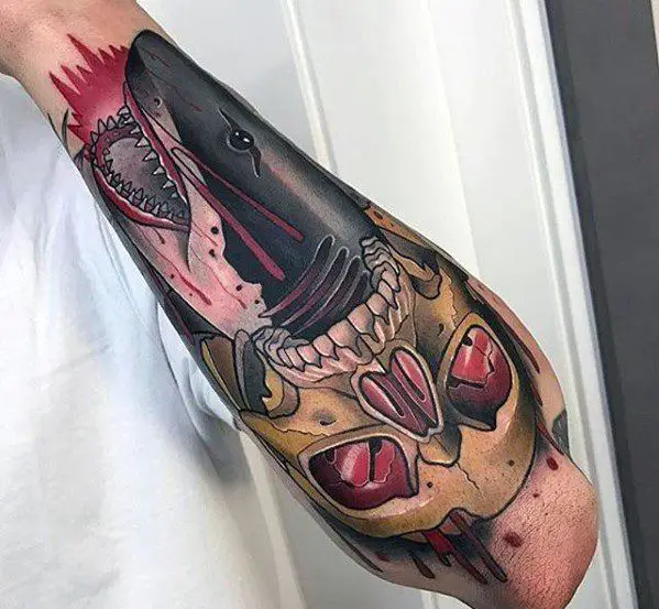 amazing-mens-unique-skull-shark-outer-forearm-sleeve-tattoo-ideas
