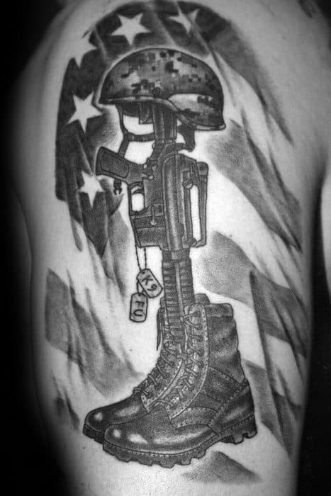 arm-tattoo-with-fallen-soldier-cross-for-men-with-american-flag