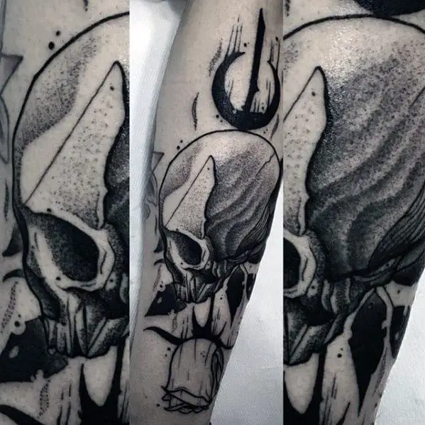 Black Ink Dotwork Animal Skull Tattoo On Right Forearm