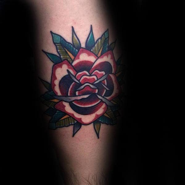 awesome-leg-calf-guys-traditional-rose-flower-tattoos