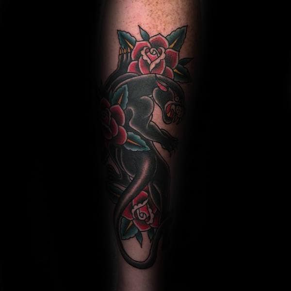 black-panther-male-traditional-rose-forearm-tattoo-designs