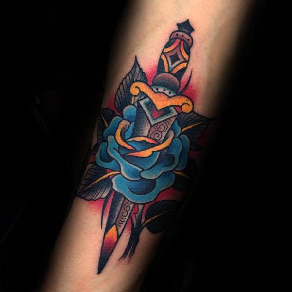 blue-rose-with-dagger-traditional-mens-inner-forearm-tattoo-ideas