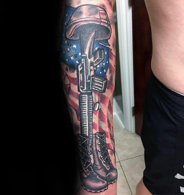 cool-american-flag-guys-fallen-soldier-forearm-sleeve-tattoo