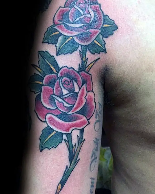 cool-traditional-rose-with-stem-mens-upper-arm-tattoos
