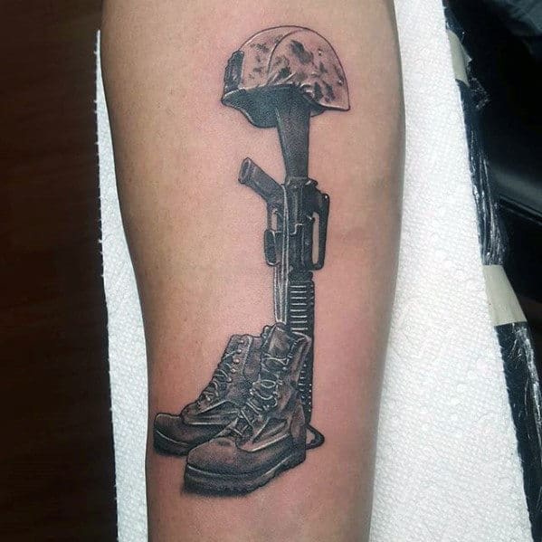 detailed-fallen-soldiers-cross-mens-forearm-tattoo-ideas