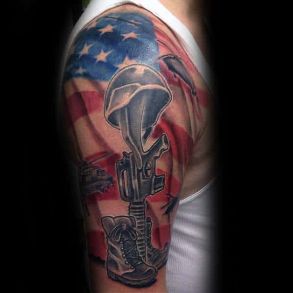 half-sleeve-american-flag-shaded-fallen-soldiers-cross-tattoo-for-men