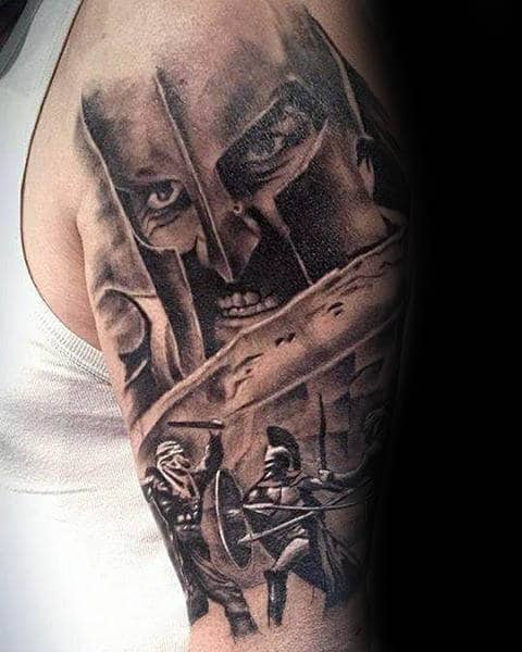 half-sleeve-male-spear-spartan-themed-tattoos