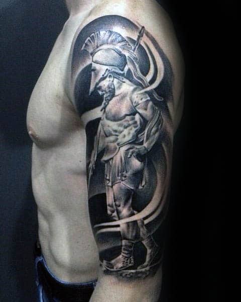 half-sleeve-warrior-with-spear-mens-shaded-black-and-ink-tattoo-inspiration