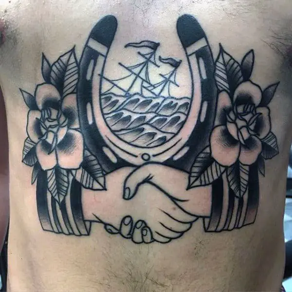 handshake-horseshoe-mens-traditional-rose-chest-tattoos