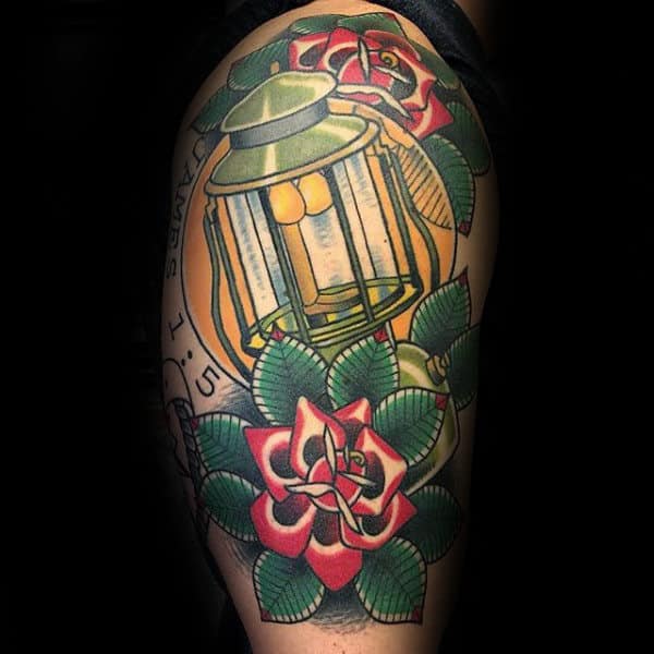 lantern-traditional-rose-mens-half-sleeve-tattoo-designs