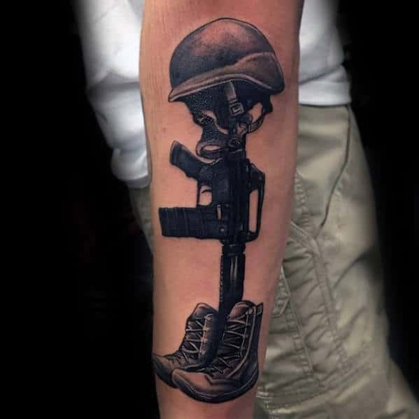 male-with-dark-army-fallen-soldier-tattoo-on-outer-forearm