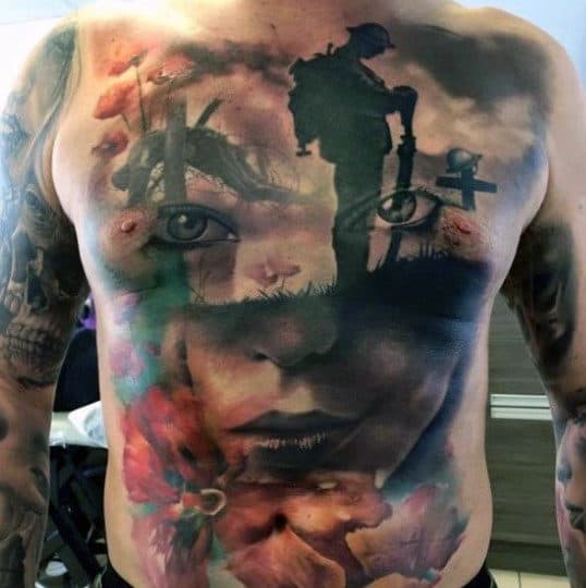 mens-full-chest-3d-optical-illusion-fallen-soldier-tattoo
