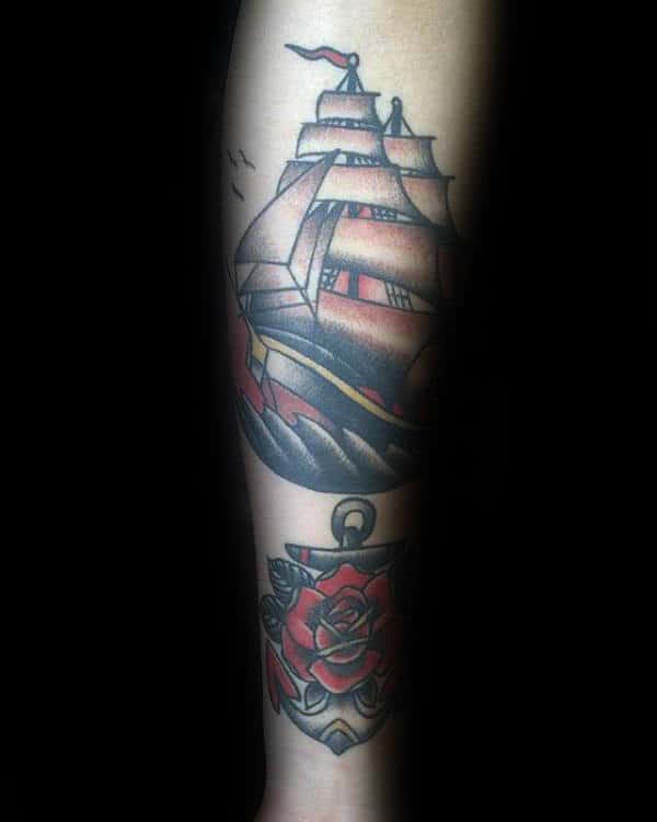 mens-nautical-themed-traditional-rose-and-ship-inner-forearm-tattoos