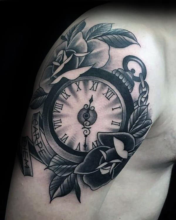 pocket-watch-black-rose-flower-male-traditional-tattoo-ideas-on-upper-arm