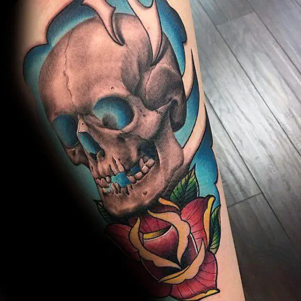 rose-flower-with-unique-skull-guys-cool-leg-tattoo-designs