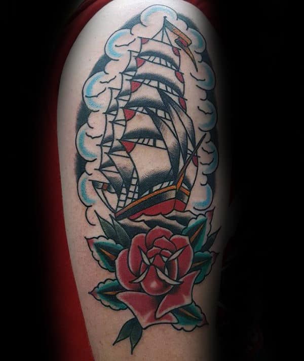 sailing-ship-with-red-rose-traditional-arm-tattoo-ideas-for-guys