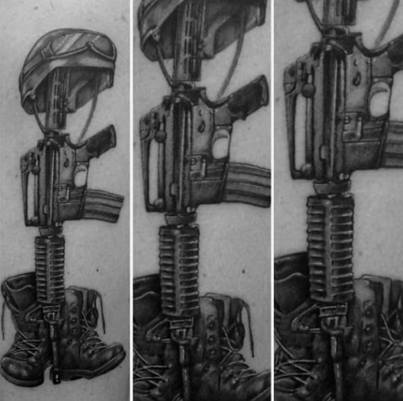 shaded-black-and-grey-fallen-soldier-cross-mens-arm-tattoo
