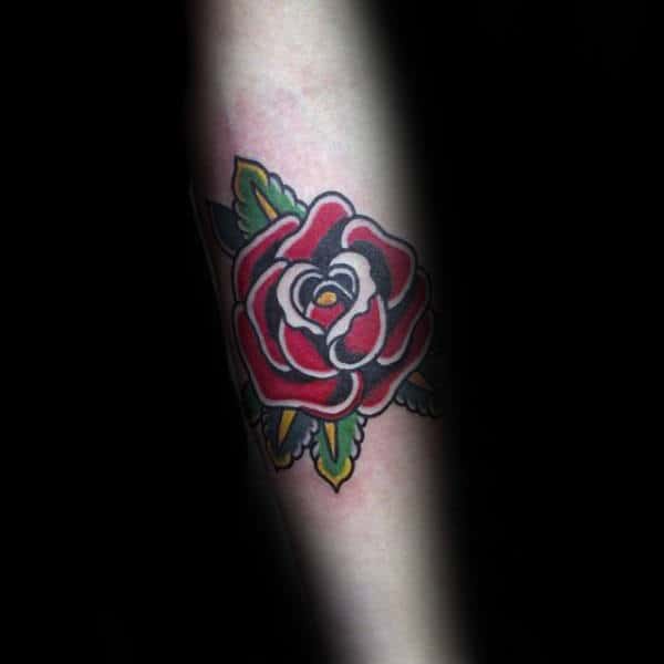 small-traditional-red-rose-male-outer-forearm-tattoo-design-ideas