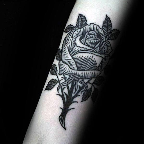 woodcut-traditional-rose-flower-mens-forearm-tattoo