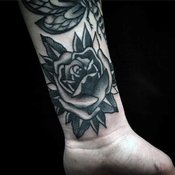 wrist-black-traditional-rose-flower-male-tattoos
