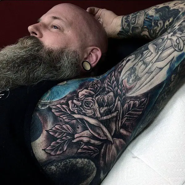 grey-rose-and-leaf-tattoo-male-armpit