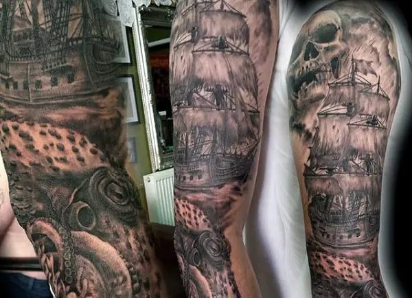 Black And Grey Ship Octopus Tattoo On Full Sleeve  Octopus tattoo design Ship  tattoo Tattoos