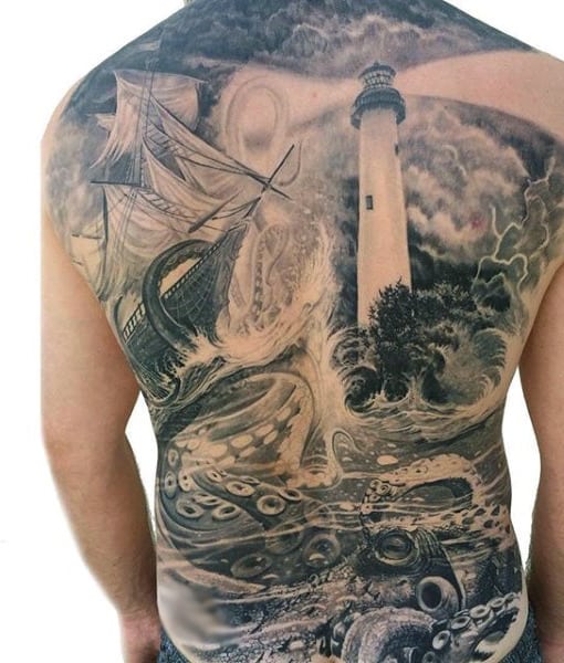 octopus-and-ship-tattoo-for-males-on-back